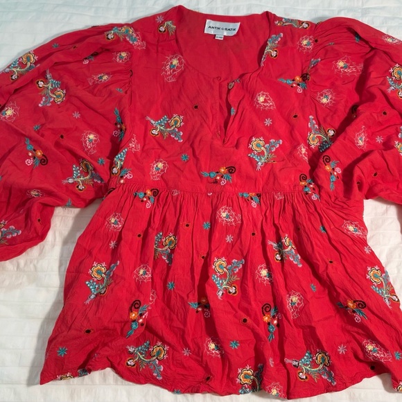 Antik Batik Red Houla Embroidered Voile Blouse - Picture 3 of 8